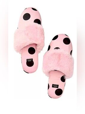 Victoria's Secret Pink Slide Slippers with Black Polka Dots Size M